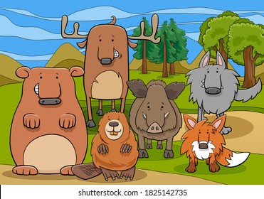 Cartoon Illustrations of Funny Wild Mammals Animal Characters Group