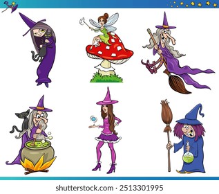 Cartoon illustrations of funny witches fantasy characters set