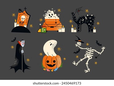 Cartoon illustrations for Halloween in a scary 90s style. Skeleton, pumpkin, ghost, Dracula. Set of groovy hippie doodle illustrations for October 31st