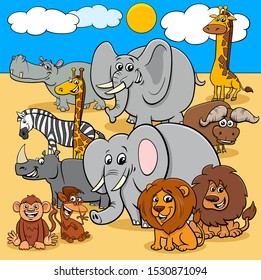 Cartoon Illustrations of Happy African Mammals Animal Characters Group