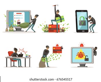 Cartoon illustrations of internet hackers. Breaking different user accounts or bank protection systems. Security concept pictures