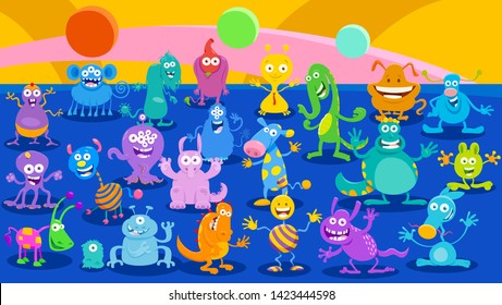 Cartoon Illustrations of Monsters or Aliens Comic Fantasy Characters Huge Group