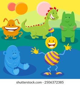 Cartoon illustrations of monsters or aliens comic fantasy characters group