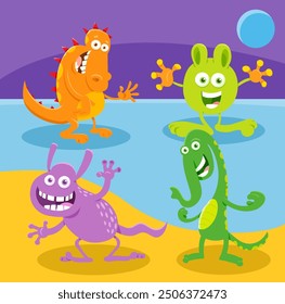Cartoon illustrations of monsters or aliens weird fantasy characters group