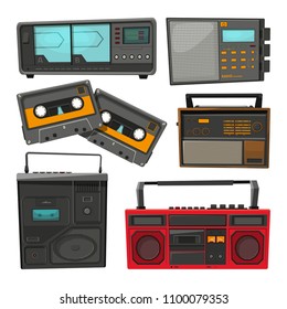 Cartoon illustrations of old music cassette recorders, players and radios. Audio retro recorder and stereo speaker, boombox equipment street vector