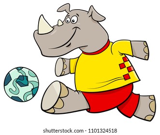 Cartoon Illustrations of Rhino Football or Soccer Player Character with Ball