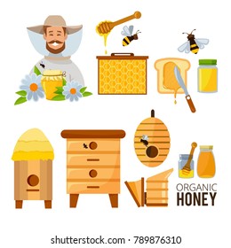 Cartoon Illustrations Set Of Beekeeper, Beehive And Bees. Beehive And Natural Honey Vector