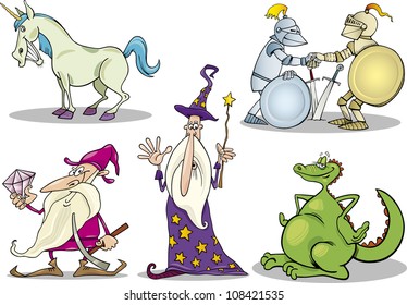 Cartoon Illustrations Set of Fairytale or Fantasy Characters