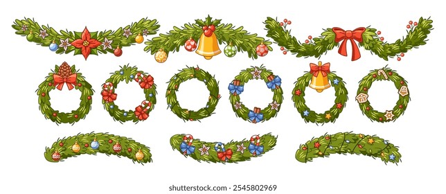 Cartoon Illustrations Show Festive Christmas Wreaths And Garlands Adorned With Colorful Ribbons, Bells, And Ornaments, Perfect For Holiday Decorations And Seasonal Designs Isolated on White Background