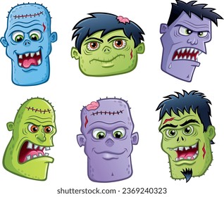 Cartoon illustrations of six scary monster faces for Halloween.