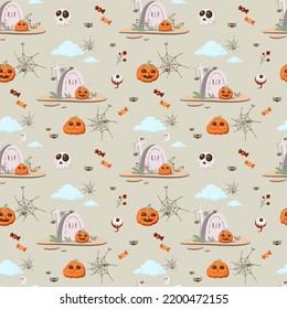 Cartoon Illustrations Skull, Grave, Jack Pumpkin, Spiders, Cobwebs, Clouds, Ghost Is A Happy Halloween Scene. Seamless Pattern. Vector Set Of Halloween Characters, Scene, Cute Landscape, Card, Grass