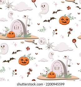 Cartoon Illustrations Skull, Grave, Jack Pumpkin, Spiders, Cobwebs, Clouds, Ghost - Happy Halloween Scene. Seamless Pattern. Vector Set Of Halloween Characters, Scene, Cute Landscape, White Background