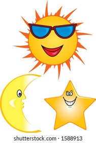 Cartoon illustrations of smiling sun, moon and star.