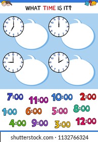 Cartoon Illustrations of Telling Time Educational Worksheet with Clock Face for Children