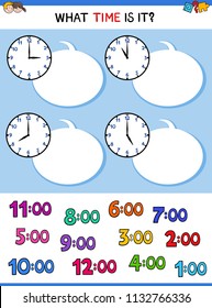 Cartoon Illustrations of Telling Time Educational Worksheet for Children