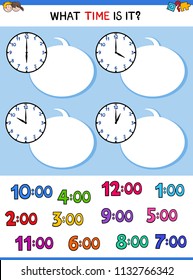 Cartoon Illustrations of Telling Time Educational Worksheet for Children with Clock Face