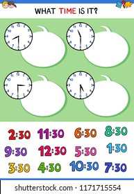 Cartoon Illustrations of Telling Time Educational Workbook with Clock Face for Children