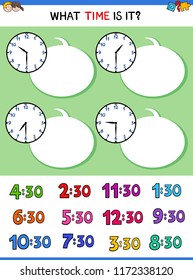 Cartoon Illustrations of Telling Time Educational Worksheet with Clock Face for Children