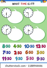 Cartoon Illustrations of Telling Time Educational Game with Clock Face for Children