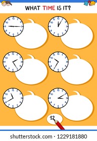 Cartoon Illustrations of Telling Time Educational Task with Clock Face for Kids