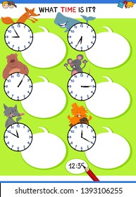 Cartoon Illustrations of Telling Time Educational Activity with Clock Face and Animals for Children