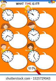 Cartoon Illustrations of Telling Time Educational Activity with Clock Face and Happy Children for Kids