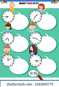 Cartoon Illustrations of Telling Time Educational Activity with Clock Face and Happy Children