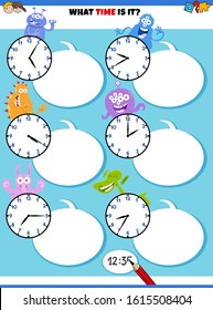 Cartoon Illustrations of Telling Time Educational Activity with Clock Face and Funny Monsters Fantasy Characters