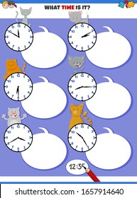 Cartoon Illustrations of Telling Time Educational Activity with Clock Face and Funny Cats Animal Characters