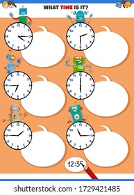 Cartoon Illustrations of Telling Time Educational Activity with Clock Face and Funny Robots Fantasy Characters