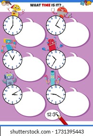 Cartoon Illustrations of Telling Time Educational Activity with Clock Face and Happy Robots Fantasy Characters