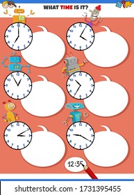 Cartoon Illustrations of Telling Time Educational Activity with Clock Face and Robots Fantasy Characters