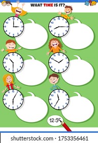 Cartoon Illustrations of Telling Time Educational Activity with Clock Face and Happy Children Characters