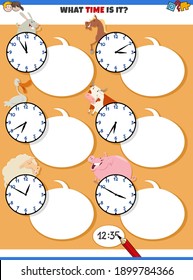 Cartoon illustrations of telling time educational task with clock faces and funny farm animal characters