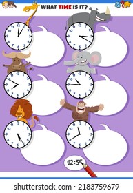 Cartoon illustrations telling time educational task and clock faces   happy animal characters