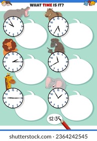 Cartoon illustrations telling time educational activity and clock faces   happy animal characters