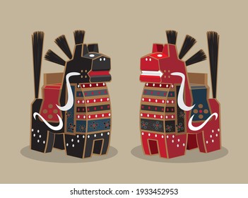 Cartoon illustrations of a traditional Japanese folk toys - wooden craft horse (Yawata-Uma). People believe it will bring good luck and often used as souvenirs for celebrations such as wedding.