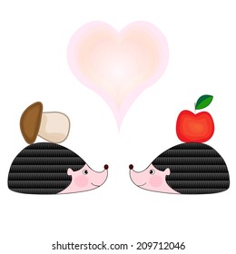 Cartoon illustrations of two hedgehogs in love.