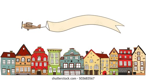 Cartoon image of airplane with banner text place and flat houses of different colour vector illustration