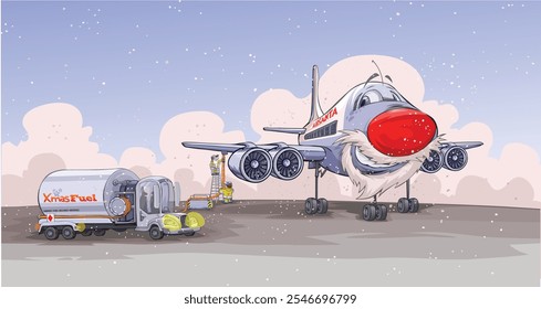 Cartoon image of an airplane with Santa's face on it with a service team around. All in separated layers.