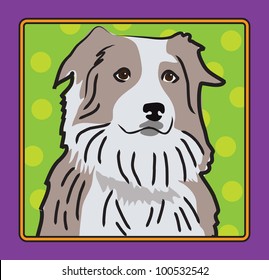 A cartoon image of an Australian Shepherd, created in the folk art tradition.