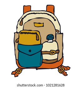 cartoon image of a backpack with a water bottle and a wallet 