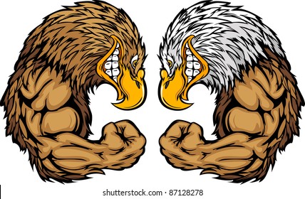 Cartoon Image of a Bald Eagle and Golden Eagle and Flexing Arms