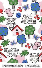 Cartoon image of bear, cat, frog and butterfly, vector illustration, tree, heart shape picture as background