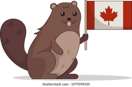 cartoon image of a beaver in honor of Canada Day with the national flag in its paw. Vector image in flat style