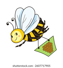 Cartoon image of a bee with a bag of honeycombs. Design element to add to the composition.

