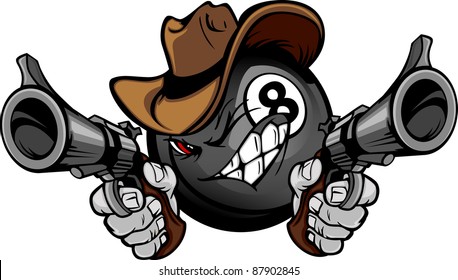Cartoon image of a Billiards Eight ball with a face and cowboy hat holding and aiming guns