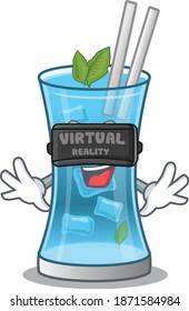A cartoon image of blue hawai cocktail using modern Virtual Reality headset