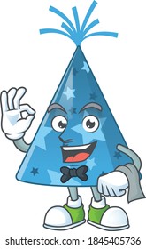 A cartoon image of blue party hat as a waiter character ready to serve. Vector illustration