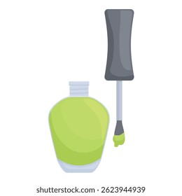 Cartoon image of a bottle of nail polish in trendy green with the brush applicator dripping with polish